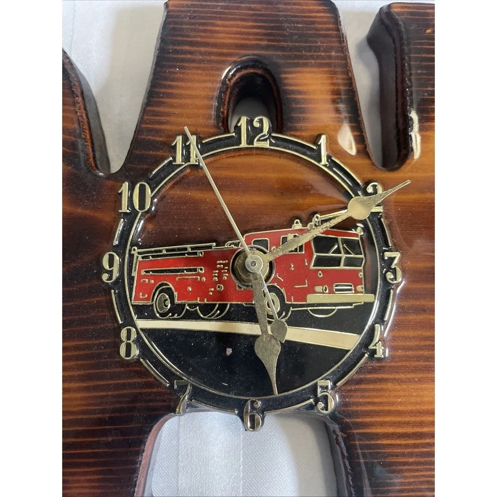 Vintage 80's Hand Carved Wood Clock With Inlaid Fire Truck Man Cave Garage